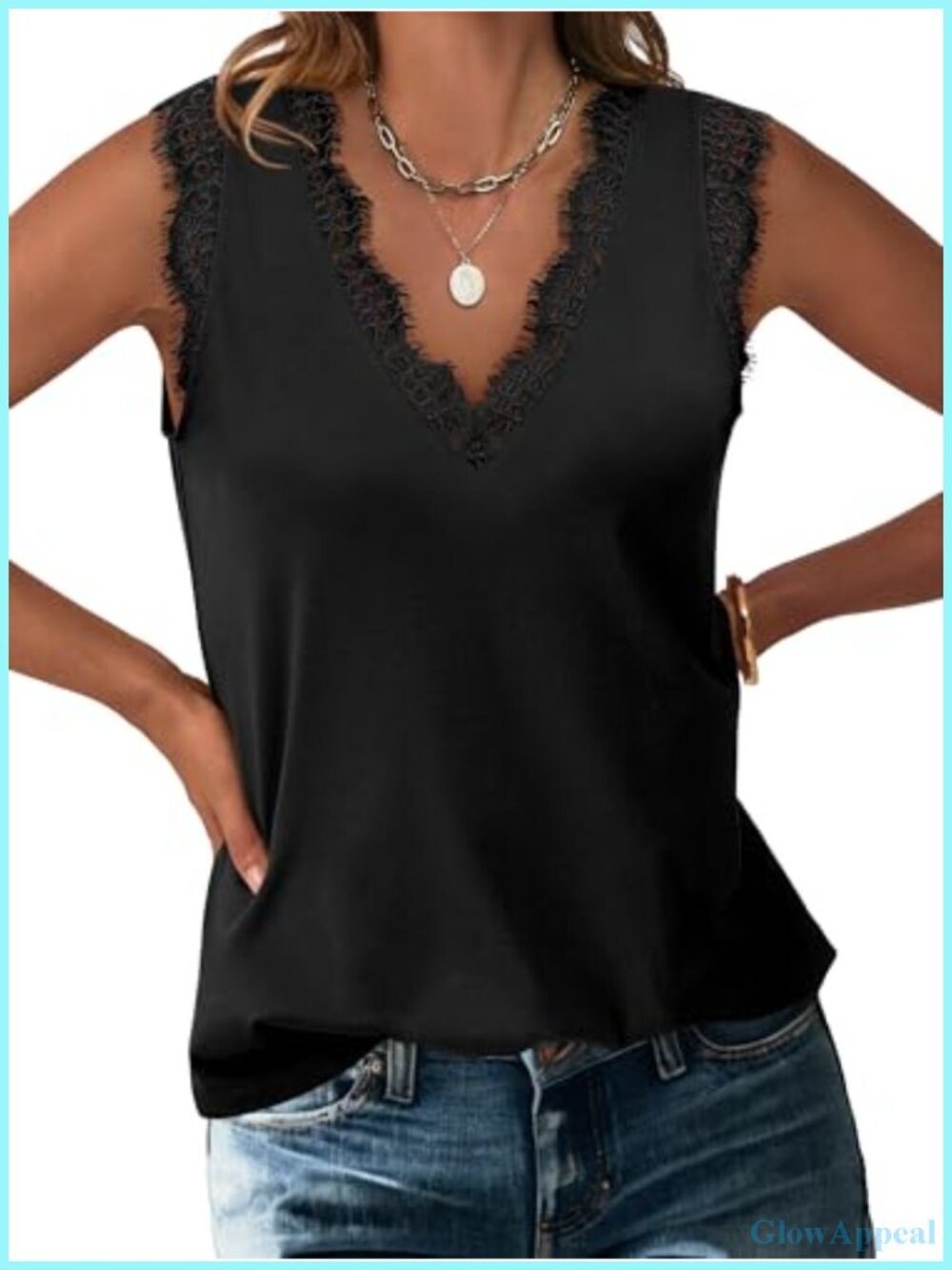Womens Lace Trim V Neck Tank Top Sleeveless Summer Casual Shirt Cami